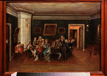 Recepción de noche. (Escenario de la vida cotidiana, familiares y amigos reunidos en torno a la mesa del comedor). Pintura de un maestro ruso, óleo sobre lienzo, mediados del siglo XIX. Museo Literario Central del Estado, Moscú.