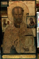 ""representación de San Nicolás de Myra o Bari (270-345)"" Icono ruso. Pintura sobre madera de finales del siglo XIV. Galería Estatal Tretyakov, Moscú