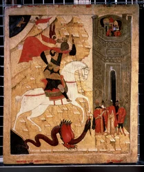 ""Representación De San Jorge Y El Dragón"" Icono Ruso. Pintura sobre madera del siglo XV. Galería Estatal Tretyakov, Moscú