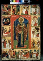 Retablo de la vida de San Nicolás de Myre o Bari (270-345). icono ruso. Pintura sobre madera de finales del siglo XV. Galería Estatal Tretyakov, Moscú