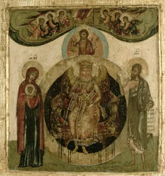 Icono ruso de Sofía, la Santa Sabiduría, entronizada en forma de ángel de fuego alado (panel)