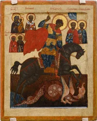 San Jorge y el dragón, rodeado de varios santos