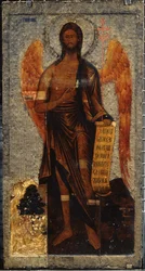 San Juan Bautista, Ángel del Desierto (Juan Bautista, Ángel de la Extensión). Ícono ruso, pintura al huevo y témpera sobre madera, finales del siglo XVI. Antiguo arte ruso. Galería Estatal Tretyakov, Moscú