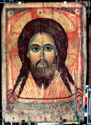 ""San Mandylion"" Representación del rostro de Cristo impreso en un velo (rostro santo). icono ruso. Pintura sobre madera de finales del siglo XIV Galería Estatal Tretyakov, Moscú