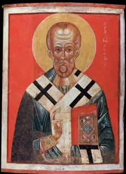 San Nicolás (o San Nicolás de Myre o San Nicolás de Bari, 270-345) (San Nicolás). Ícono ruso, témpera sobre madera, finales del siglo XIII, principios del XIV, arte de Novgorod (Rusia). Hermitage estatal, San Petersburgo.