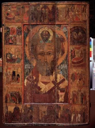 San Nicolás de Myre ou de Bari, avec des scene de sa vie (San Nicolás con escenas de su vida). Ícono ruso, témpera sobre madera, principios del siglo XV, arte antiguo de Yaroslavl (Rusia). Museo Estatal de Arte, Yaroslavl (Rusia).