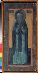 San Zósimo de Solovki (fallecido en 1478). Ícono ruso, madera tallada policromada, mediados del siglo XVI. Antiguo arte tradicional ruso del norte. Museo Regional de Bellas Artes y Artes Aplicadas, Smolensk (Rusia).