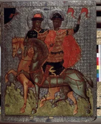 Santos Boris (o Roman) y Gleb (o David) a caballo (mártires en 1015) (Santos Boris y Gleb a caballo). Hijos menores de San Vladimir, Gran Príncipe de Kyiv, siempre se distinguieron por su piedad, pero a la muerte de su padre, el mayor Svia