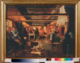 Escena en una casa de campo. Pintura de un maestro ruso, óleo sobre lienzo.