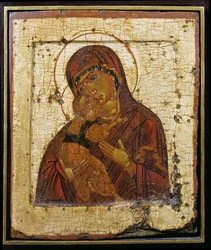 La Madre de Dios de Vladimir, icono ruso, Escuela de Pskov, finales del siglo XV (temple sobre tabla)