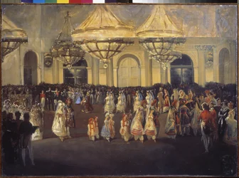 Un baile en el Palacio de Invierno (San Petersburgo) bajo Nicolás I (1796-1855). Pintura de un maestro ruso, óleo sobre lienzo, hacia 1830. Arte ruso