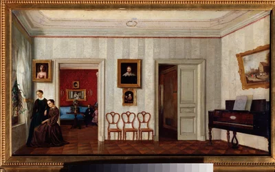 Una pequeña habitación con un piano. (Y dos mujeres mirando por la ventana). Pintura de un maestro ruso, óleo sobre lienzo, mediados del siglo XIX. Galería Estatal Tretyakov, Moscú.