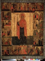 ""Vida y episodios de Santa Paraskeva Pyatnitsa"" Ícono ruso. Pintura sobre madera del siglo XV. Museo Estatal de Historia, Moscú