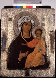 ""Vierge Odigitria (Hodigitria)"" Icone russe. Peinture sur bois du 14eme siecle. Museo Estatal al Aire Libre de la Trinidad Lavra de San Sergio, Sergyev Possad