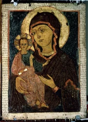 ""Virgen Odigitria (Hodigitria)"" La Virgen María y el niño Jesús cuyo halo está marcado con una cruz. icono ruso. Pintura sobre madera de finales del siglo XIII. Galería Estatal Tretyakov, Moscú