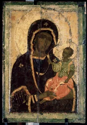 ""Virgen Odigitria (Hodigitria)"" Ícono ruso. Pintura sobre madera. circa 1360. Galería Estatal Tretyakov, Moscú