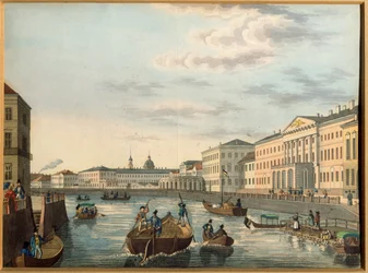 Vista del río Fontanka en San Petersburgo. Obra anónima, Litografía, coloreada en acuarela, hacia 1820. Arte ruso