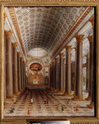 Vista interior de la Catedral de Kazan en San Petersburgo. Pintura de un maestro ruso, óleo sobre lienzo, principios del siglo XIX. arte ruso Galería Estatal Tretyakov, Moscú.