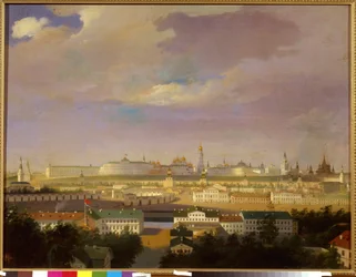 Vista del Kremlin de Moscú desde la Plaza de Marte (Bolotnaya). Pintura anónima, óleo sobre lienzo, mediados del siglo XIX. Arte ruso, neoclasicismo. Museo Estatal de Historia, Moscú.