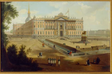 Vue du palais Michel a Saint Petersburg (Vista del Palacio de Michael en San Petersburgo). Pintura anónima, óleo sobre lienzo, hacia 1800. Arte ruso