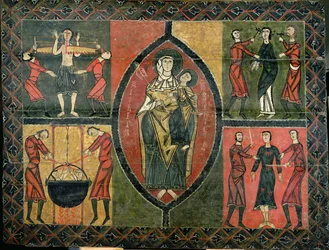 Altar que representa a San Quirze y Santa Julita con cuatro escenas de martirio de santos, Iglesia de San Quirze y Santa Julita, Durro (temple sobre tabla)