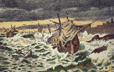 Destrucción por tormentas de la Armada Invencible Española, enviada por el rey Felipe II contra Inglaterra en 1588 (grabado coloreado a mano)