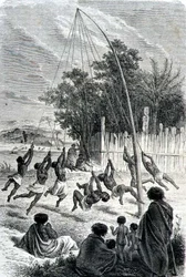 Guerreros Maoríes Jugando en un Columpio, ilustración de 