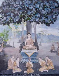 Fresco que representa una escena de la vida de Buda, templo Wat Phra That Doi Suthep (fresco)