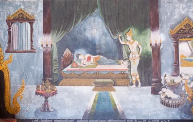 Fresco que representa una escena de la vida de Buda, templo Wat Phra That Doi Suthep