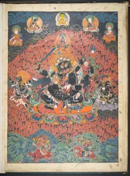 Agregar. O. 3049 Uno de los 12 dibujos que representan deidades tibetanas por un artista tibetano, probablemente en Lhasa, c.1800    (gouache sobre papel)