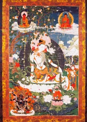 El bodhisattva Avalokitesvara Padmapani sentado, tanka o thangka (bandera budista), civilización tibetana