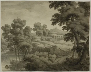Paisaje a la italiana con castillo, árboles y agua en primer plano
