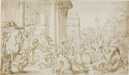 Masacre de los inocentes (anverso); Bocetos de figuras (reverso)