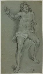 Desnudo masculino sentado (anverso); Bocetos de mano y cabeza de niño (reverso)