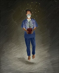Ángel enfermero, 2020 (scratchboard, coloreado digitalmente)