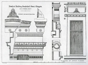 Detalles arquitectónicos de las cámaras griegas, 336-356 Sauchiehall Street, Glasgow, diseñadas por Alexander Greek Thomson, 1869