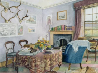 Interior de una sala de estar en una casa de campo en Escocia, c.1850