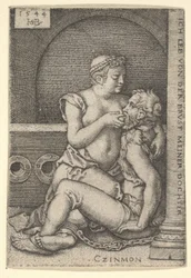 Cimón sentado contra una columna a la derecha, amamantando de Pero que está arrodillada junto a él, 1544