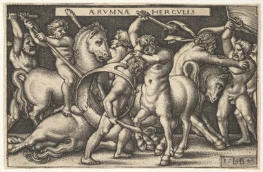 Hércules con su garrote luchando contra un centauro, otros hombres luchando contra centauros a la izquierda, 1542