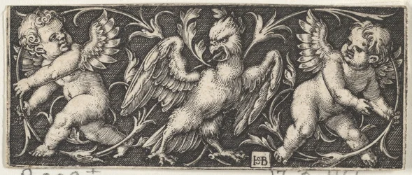 Panel horizontal con un águila flanqueada por dos genios