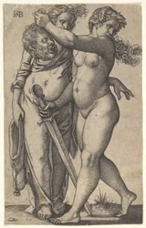 Judith caminando hacia la izquierda con la cabeza de Holofernes en su mano derecha y una espada, ca. 1530-50