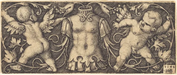 Ornamento con armadura y dos genios