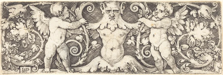 Ornamento con figura masculina entre dos genios