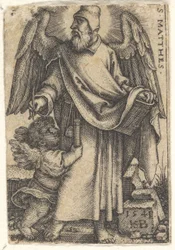 Placa 1: San Mateo con la cabeza girada en perfil hacia la izquierda, un querubín en la parte inferior izquierda, 1541