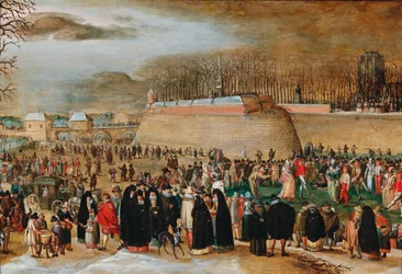 Paisaje de invierno con una escena de carnaval cerca del Bastión Kipdorppoort en Amberes