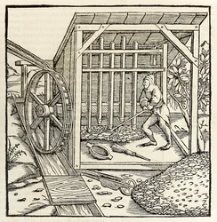 Minería con rueda hidráulica, de la edición de 1550 de 