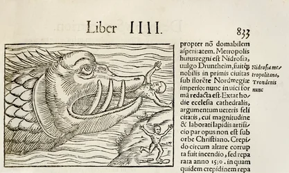 Ballena monstruosa devorando humanos, de la edición de 1550 de 