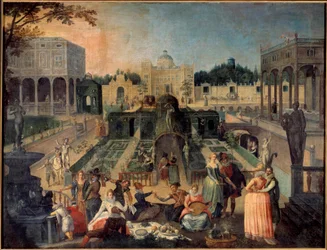 Una fiesta en el parque del Duque de Mantua. Picnic, música, escenas galantes en los jardines del palacio del Duque de Gonzaga. Pintura de Sebastien Vrancx (1573-1647) Siglo XVII. Rouen, museo de Bellas Artes