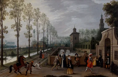 Una elegante compañía paseando frente a un palacio