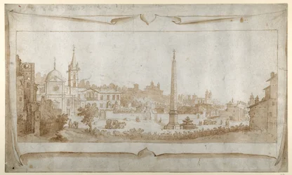 Diseño para un frontispicio con una vista de Roma dentro de la Porta del Popolo y una vista del Pincio